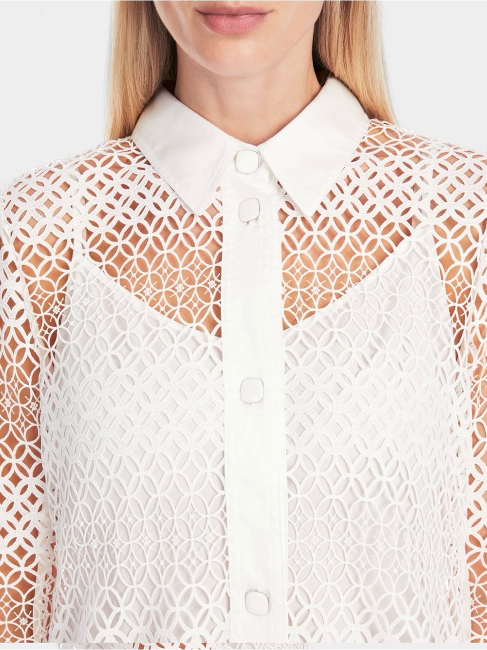 Marc Cain White Laser-Cut Button-Front Lace Shirt